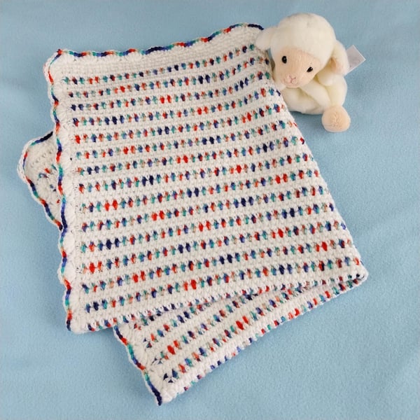 Crochet Baby Blanket, White Multicolour Car Seat Blanket, Newborn Gift