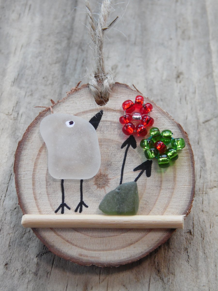 Cornish Sea Glass Bird with Red Green Beaded Flowers Wood Slice T145