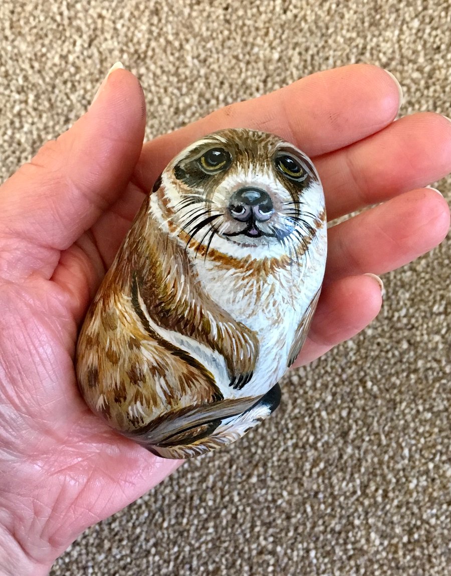 Meerkat hand painted pebble rock stone animal art wildlife gift 