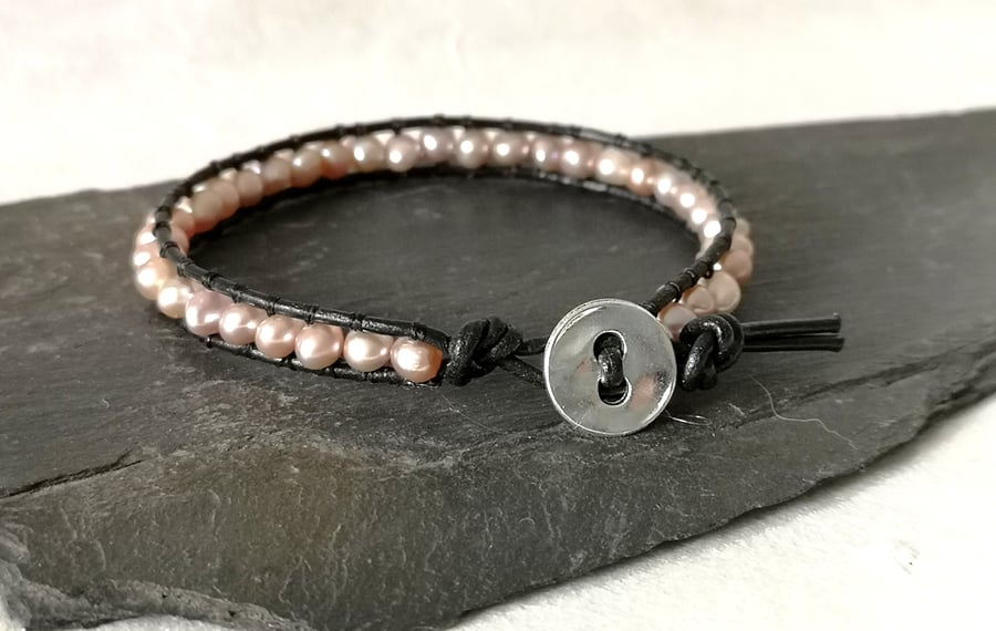 Natural freshwater pearl and leather bracelet, June birthstone