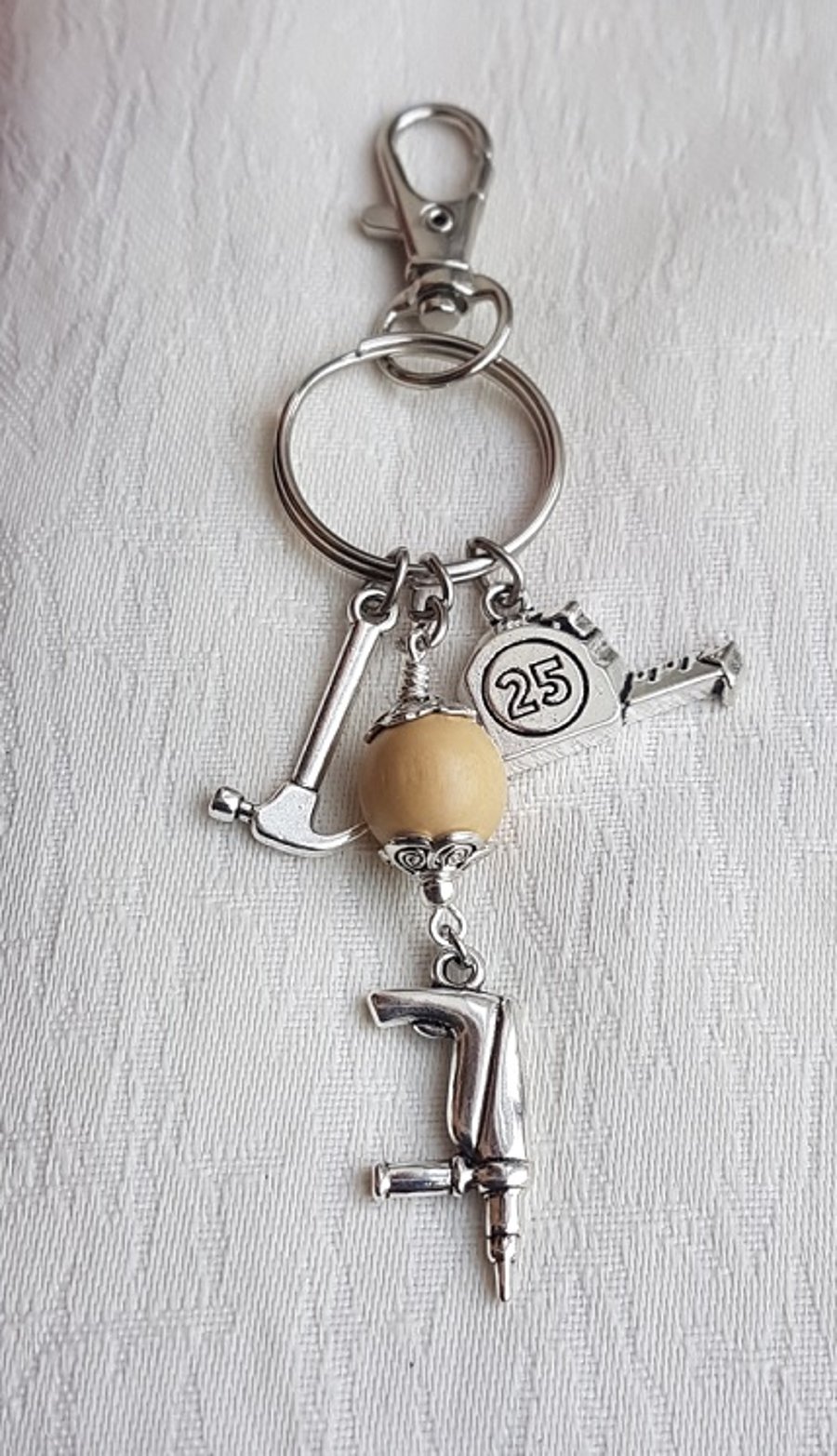 Cool Tools Key Ring No1 - Key Chain - Bag Charm - Beige Wooden Bead