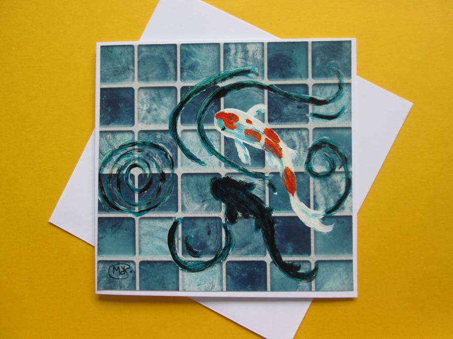 Fathers Day Hand painted Koi Fish on tiles. Blank inside. Blank inside