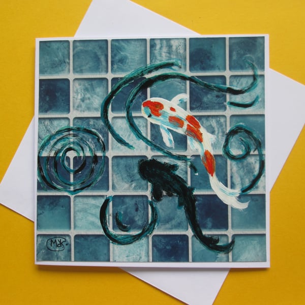 Fathers Day Hand painted Koi Fish on tiles. Blank inside. Blank inside