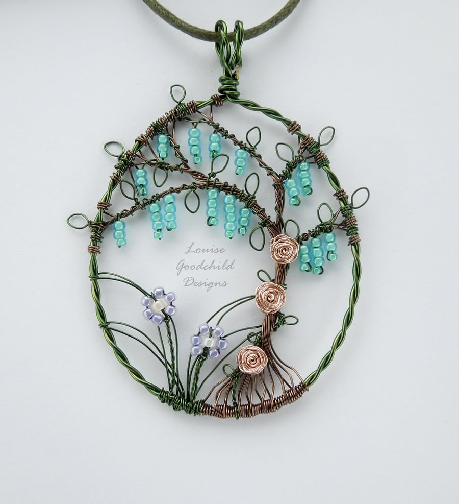 Fairy Dell wire wrapped pendant, ooak wire pendant, tree with flowers, necklace