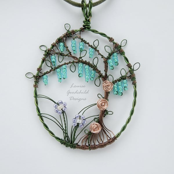 Fairy Dell wire wrapped pendant, ooak wire pendant, tree with flowers, necklace
