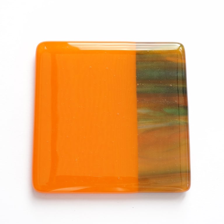 Orange & green fused glass coaster, 9cm, handcrafted, 6mm thick (0181)