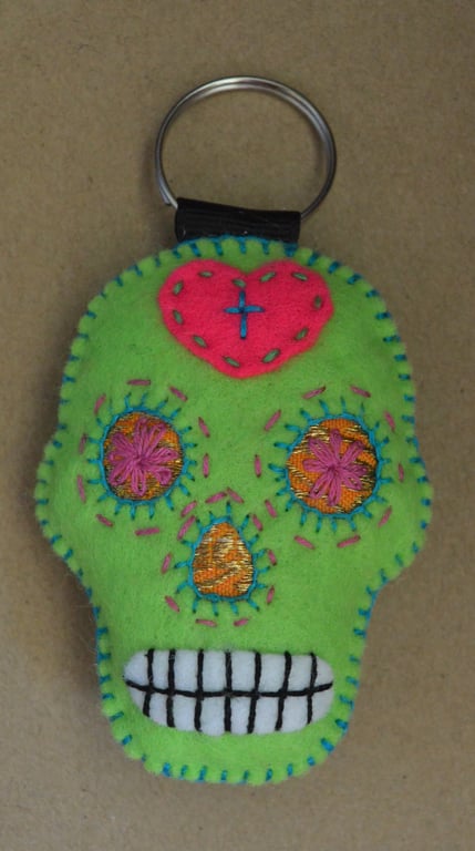 Lime Green Sugar Skull Felt Stuffie Keyring
