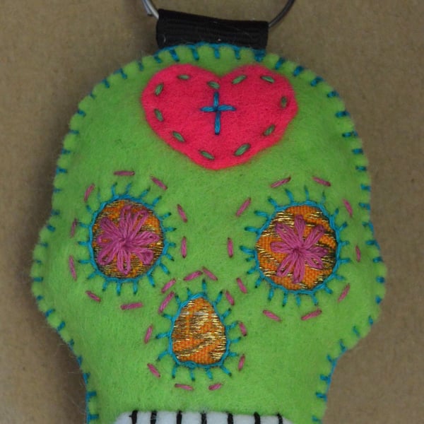 Lime Green Sugar Skull Felt Stuffie Keyring
