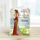 Personalised Art Deco Lady Greeting Card. Amanda. Red & Gold Dress