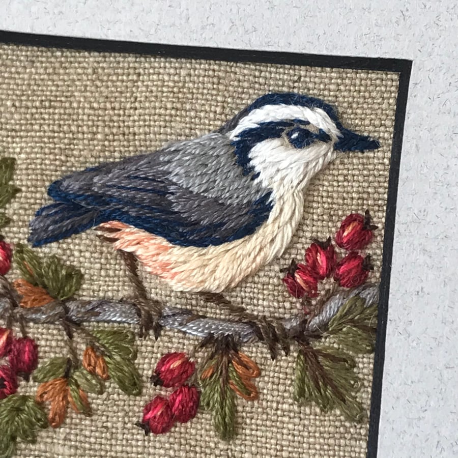 Nuthatch and Hawthorn - hand stitched picture