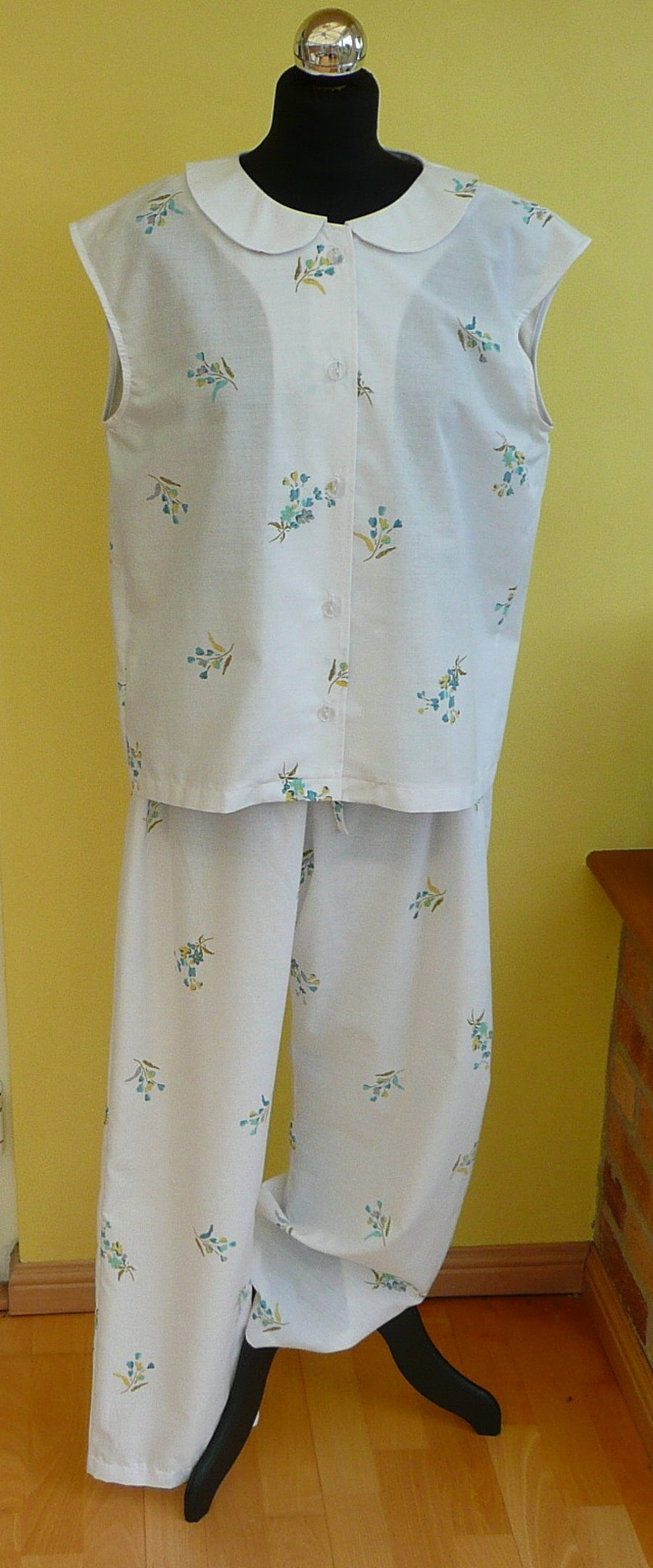 Ladies pyjamas white blue floral poly cotton lounge ware upcycled clothing 