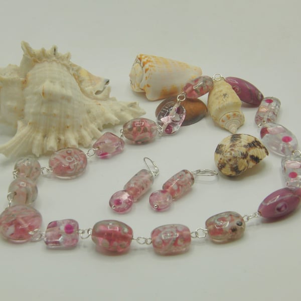 Rosary Style Pink Glass and Lampwork Beads Necklace and Earrings, Gift for Her
