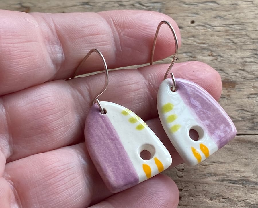 Earrings Dangly handmade Ceramic Lilac and Orange - Sterling Silver 