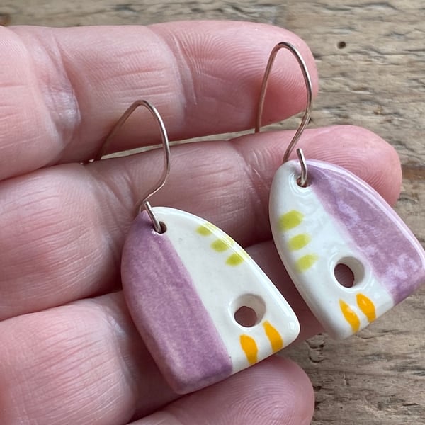 Earrings Dangly handmade Ceramic Lilac and Orange - Sterling Silver 