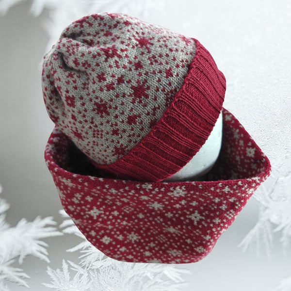 Snowflakes red and Silver Grey Merino Wool Snood, Cowl. 