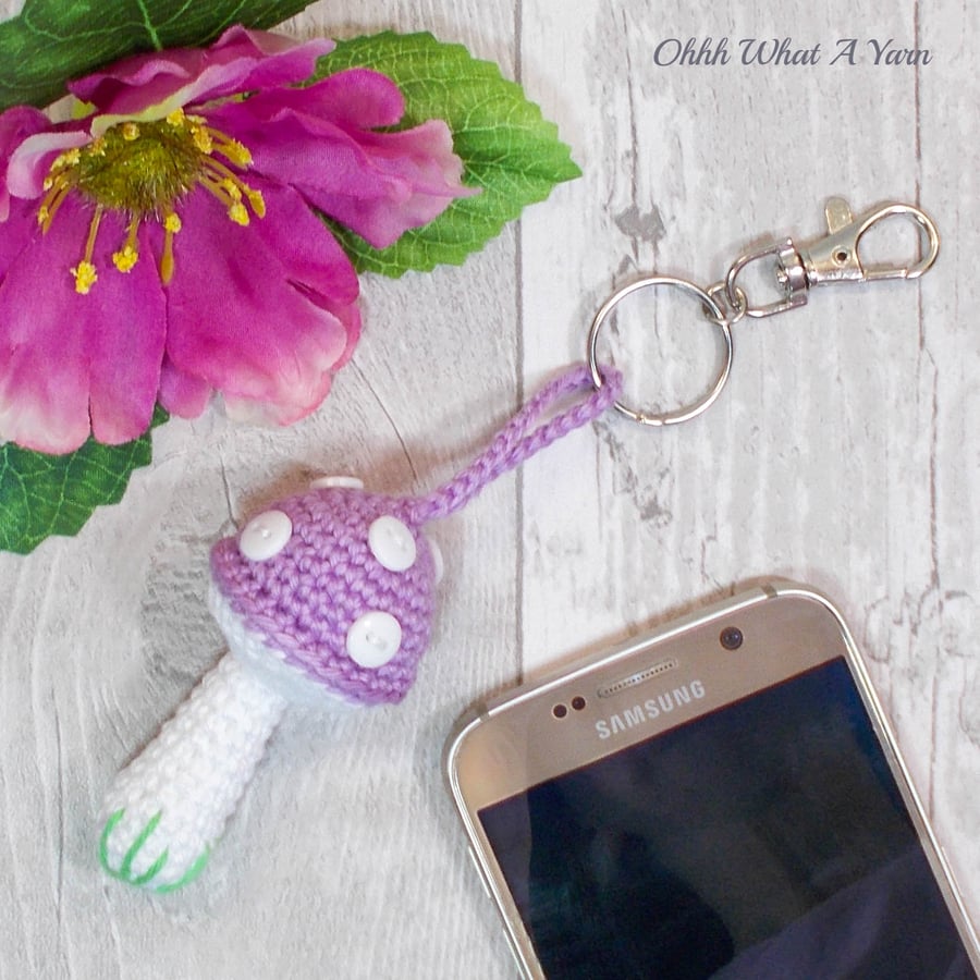 Crochet lilac toadstool, mushroom decoration, bag charm. Toadstool keyring.