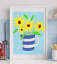 Sunflowers in a Cornishware Jug Art Print, Risograph Style Print - Image 3