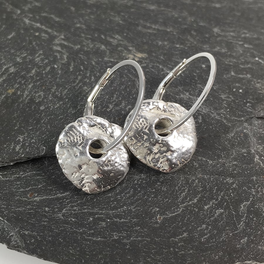 Rustic silver disc hoop earrings