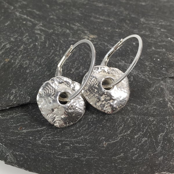 Rustic silver disc hoop earrings