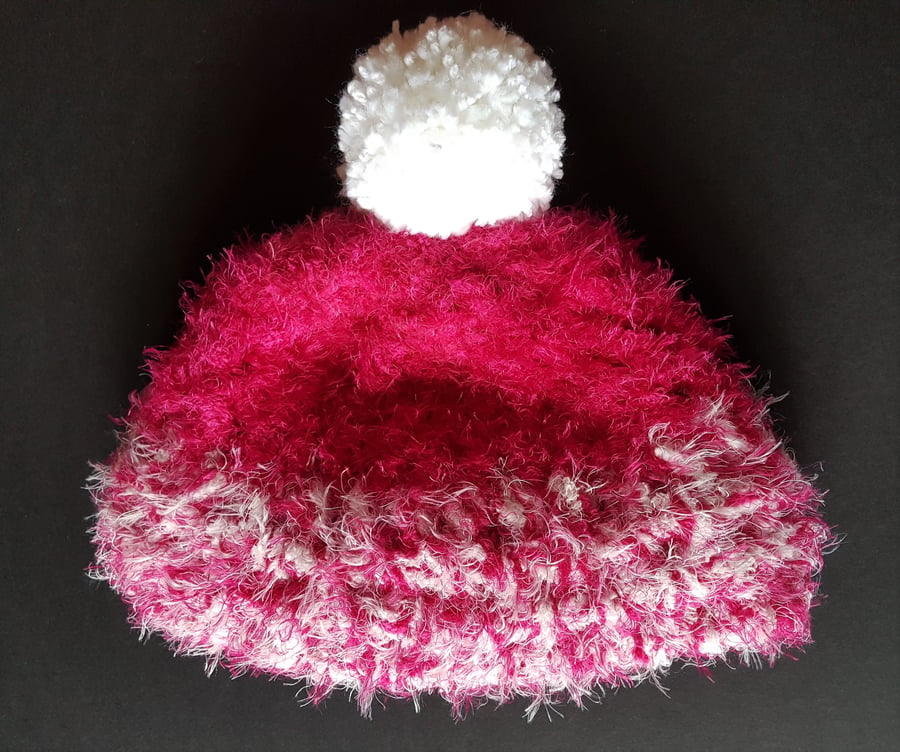 Dark Pink and White Chunky Crochet Bobble Hat