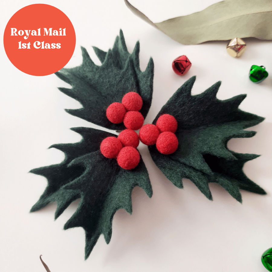 Handmade Needle Felt Holly Brooch Handmade Needle Felt Holly Brooch