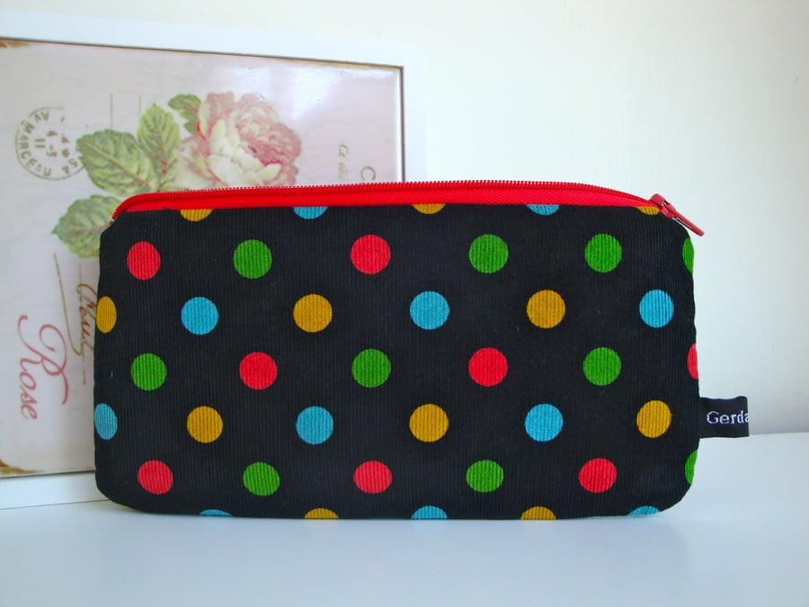 SALE Baby needle cord zipper  Pencil case - red zip - dots .