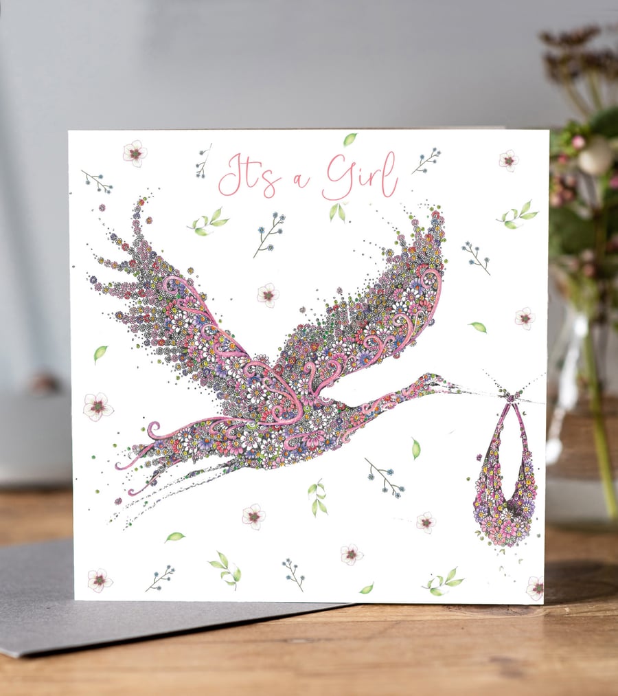 New baby Girl Pink Floral Stork Greeting card 