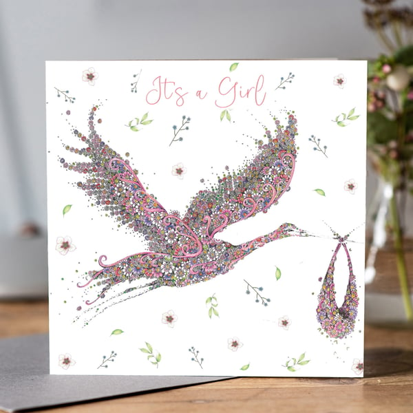 New baby Girl Pink Floral Stork Greeting card 