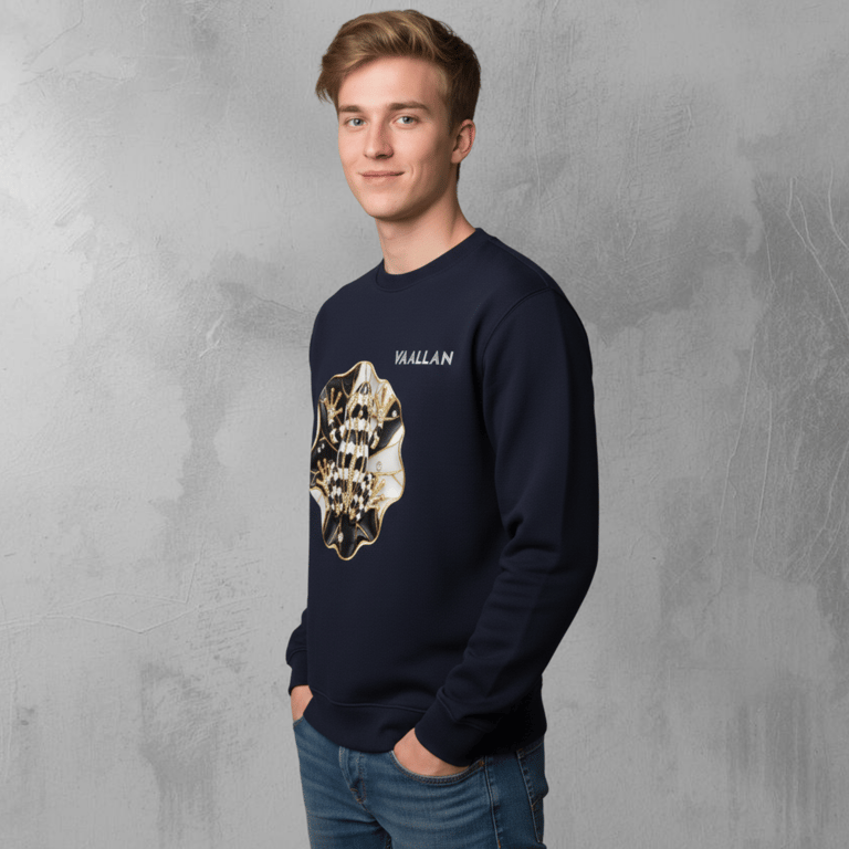 Men Casual Crew Neckline Top Sweatshirt "Golden Frog" In Navy Long Sleeves