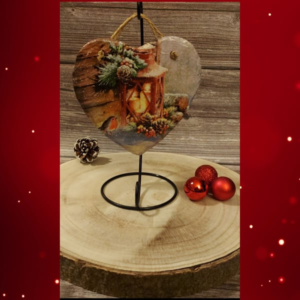 Robin Beside Lantern Large Hand Painted Decoupaged Slate Heart