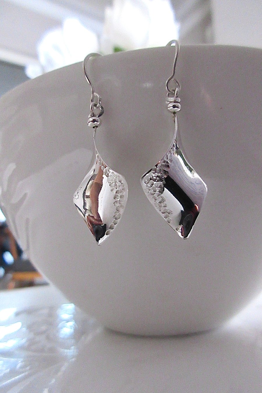 Handmade Textured Sterling Silver Diamond Drop Earrings