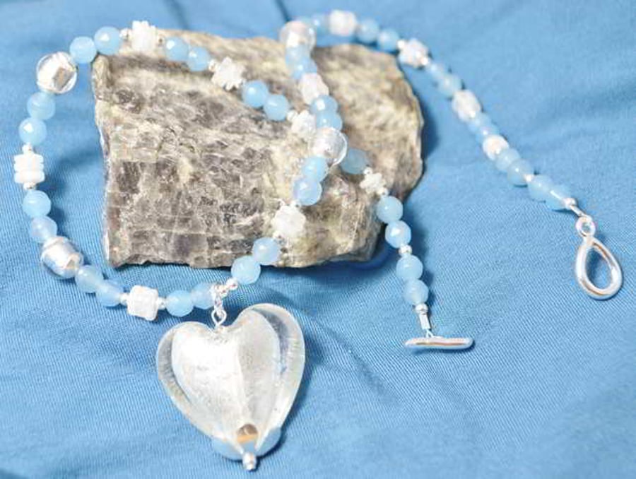 Agate & Moonstone Murano Heart Necklace