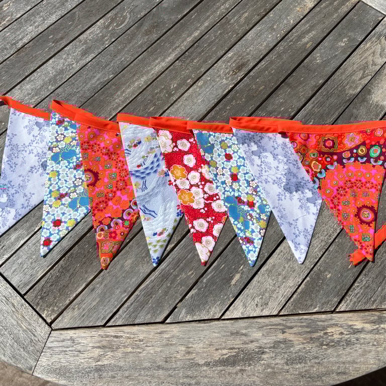 Handmade fabric bunting - 8 flags, orange, blue and multicoloured cotton
