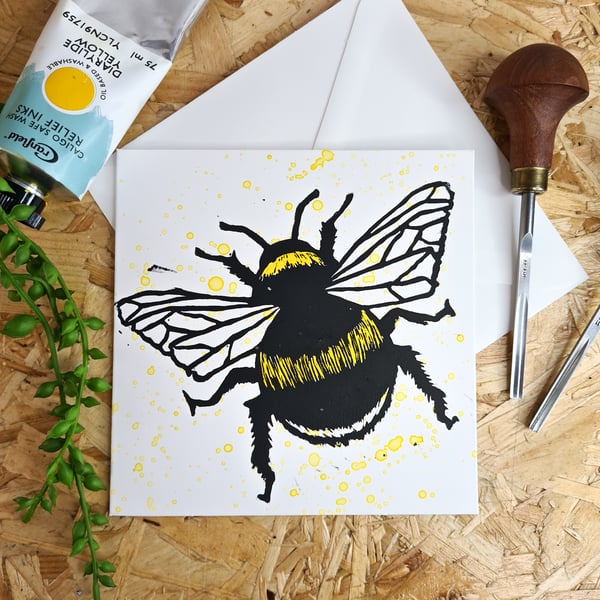 Handprinted Bee Lino Print Greetings Card 13.5cm x 13.5cm 