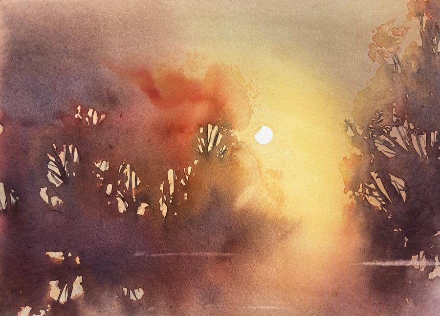 Autumn reflections (Pure Original Watercolour FULLY MOUNTED 12"x10")