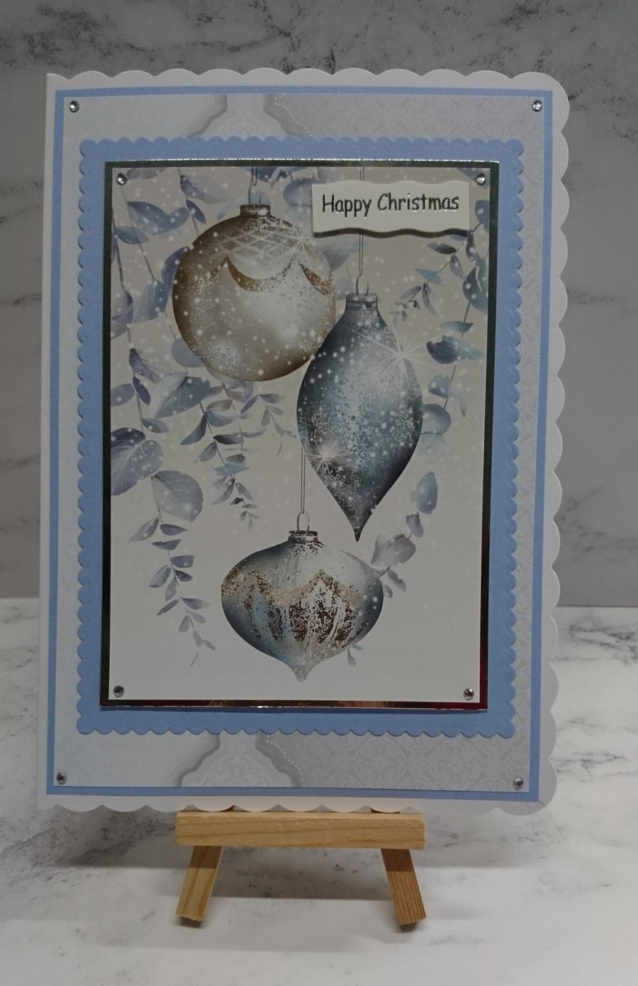 Handmade Christmas Card Frosted Blue Silver Gold Christmas Baubles