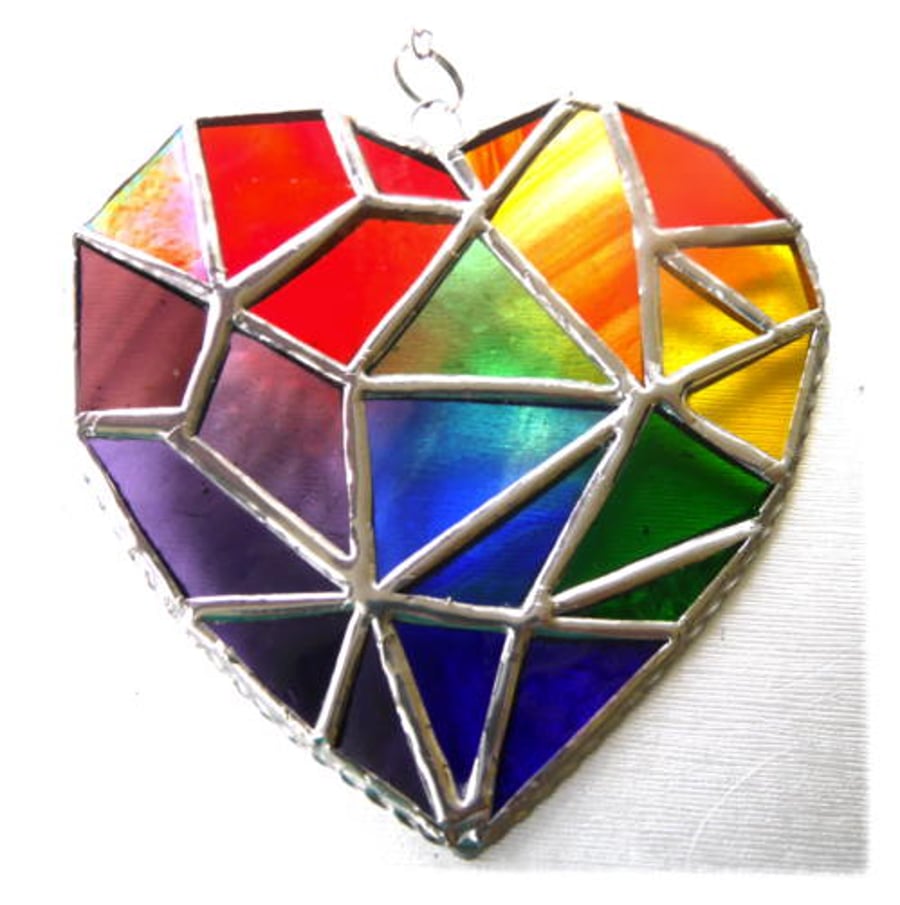 SOLD Geometric Patchwork Rainbow Heart Suncatcher Stained Glass Handmade 002