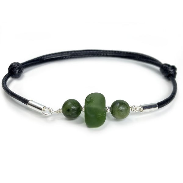 Green Sea Glass Bracelet with Jade Crystal Beads. Black Cord Silver Bracelet.