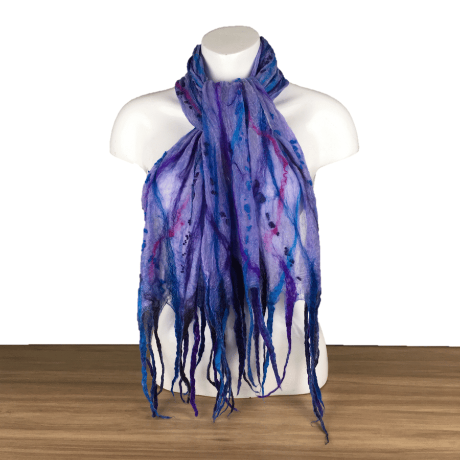 Lightweight nuno felted silk chiffon scarf in blue and purple