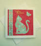 Oriental floral cat and butterfly birthday card