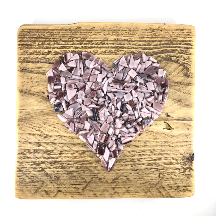 Plum Crushed Glass Heart on Reclaimed Wood
