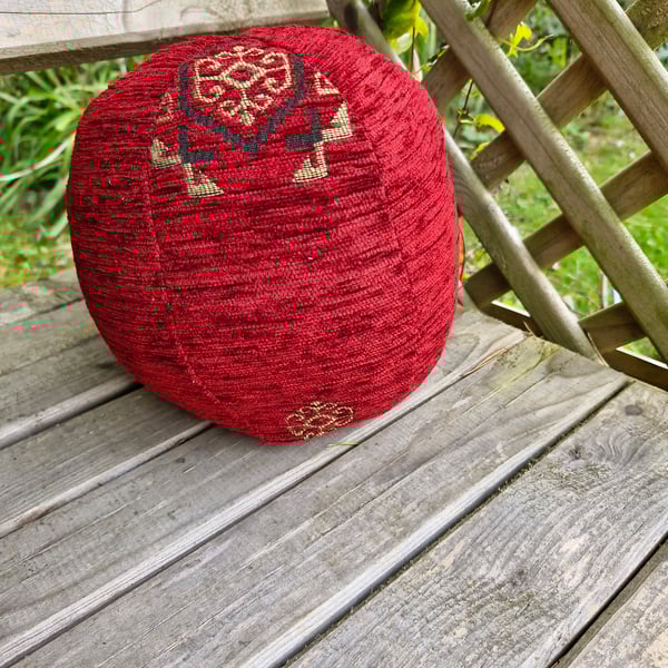 Large, decorative, christmas, red and gold fabric bauble ball.