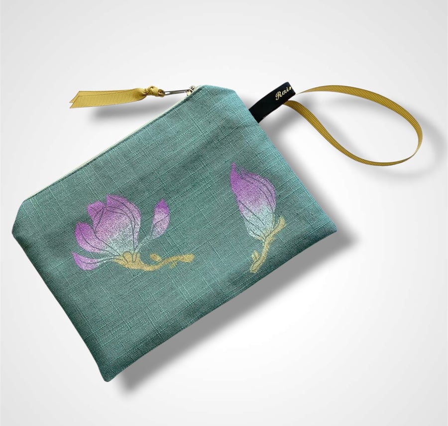 Sage Green Linen Magnolias Zip-Up Pouch