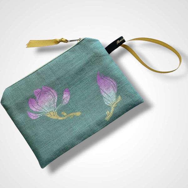 Sage Green Linen Magnolias Zip-Up Pouch