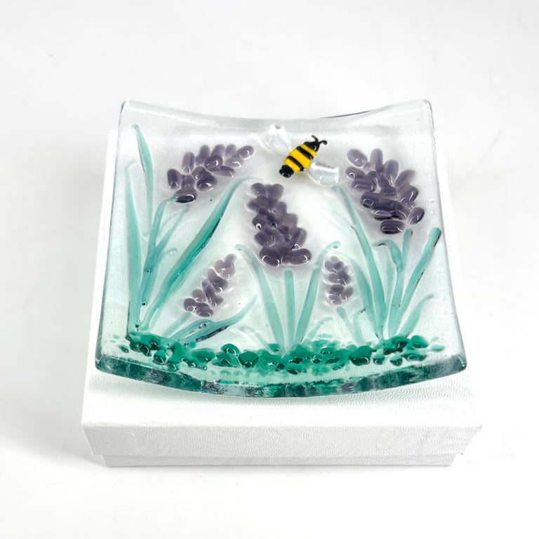 Fused Glass Trinket Dish with Lavender & a Bee