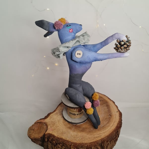 Handmade blue hare soft sculpture collectable