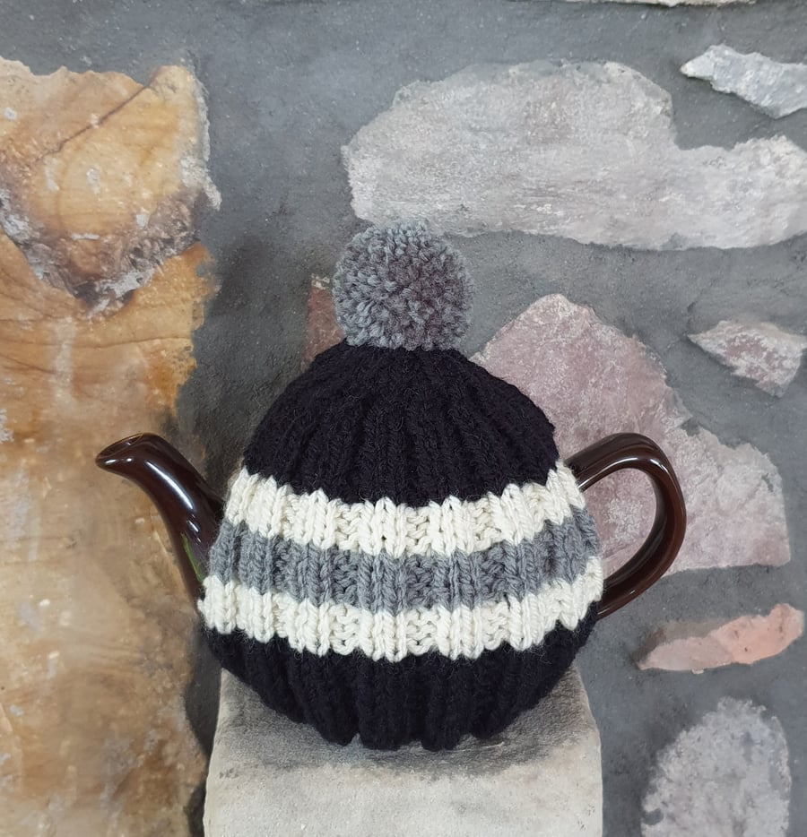 Small Tea Cosy for 2 Cup Tea Pot, Black, Grey, Cream Hand Knitted, Wool Mix