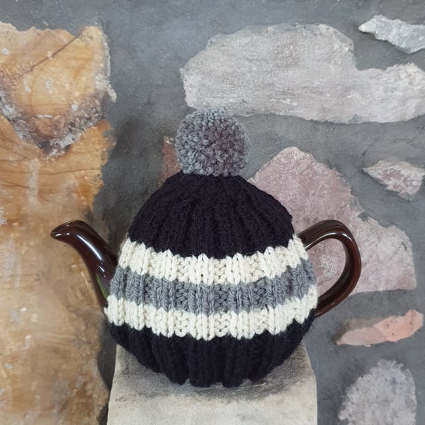 Small Tea Cosy for 2 Cup Tea Pot, Black, Grey, Cream Hand Knitted, Wool Mix