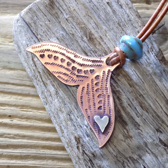 Copper and silver whimsy whale tail pendant - Made to order