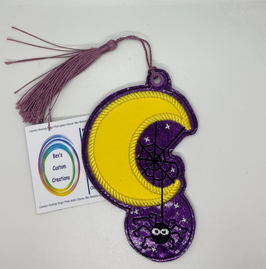 Moon and spider Embroidered Bookmark,  